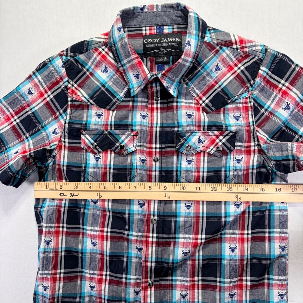 Cody James Kids Western Apparel Short Sleeve Plaid Bull Print Shirt Size L - Picture 4 of 6